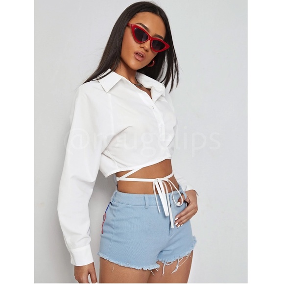 White Crop Button Up Down Was it Ties Long Sleeve Collared Shirt - Picture 2 of 7